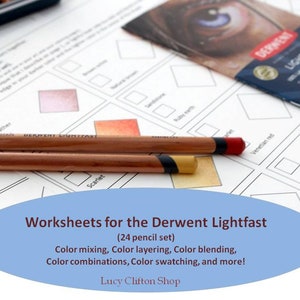 DERWENT LIGHTFAST colored pencils workbook, Color combinations and Color swatches for the Derwent Lightfast 24 Set, Printable worksheets PDF