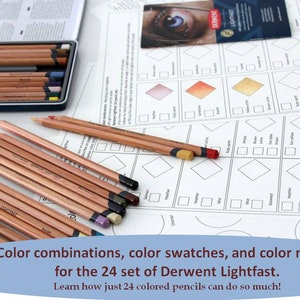 DERWENT LIGHTFAST colored pencils workbook, Color combinations and Color swatches for the Derwent Lightfast 24 Set, Printable worksheets PDF