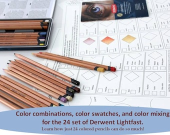 May include: A set of 24 Derwent Lightfast colored pencils with a color chart showing color combinations and swatches. The chart includes the text "Derwent Lightfast" and "Color combinations, color swatches, and color mixing for the 24 set of Derwent Lightfast. Learn how just 24 colored pencils can do so much!"