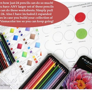 PRISMACOLOR 12 set and Botanical 12 set colored pencils workbook, Color combinations and Color mixing & swatches, Printable worksheets PDF