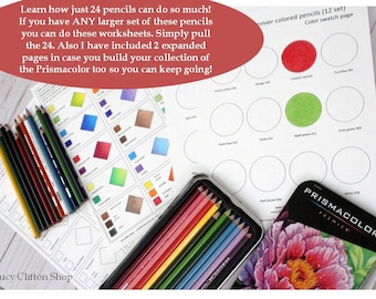 PRISMACOLOR 12 set and Botanical 12 set colored pencils workbook, Color combinations and Color mixing & swatches, Printable worksheets PDF