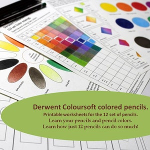 DERWENT COLOURSOFT colored pencils workbook, Color combinations & Color swatches for the Derwent Coloursoft 12 SET, Printable worksheets pdf