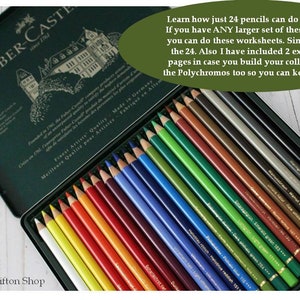 May include: An open, dark green metal case of Faber-Castell Polychromos colored pencils. The case contains 24 pencils in a variety of colors, with the brand name and text visible on the lid. The text on the image says, "Learn how just 24 pencils can do so much!"