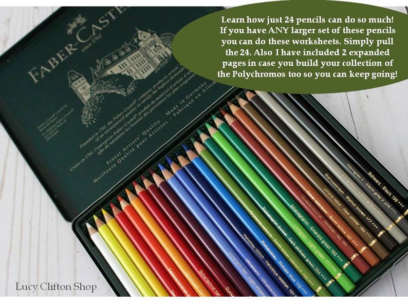 May include: An open, dark green metal case of Faber-Castell Polychromos colored pencils. The case contains 24 pencils in a variety of colors, with the brand name and text visible on the lid. The text on the image says, "Learn how just 24 pencils can do so much!"