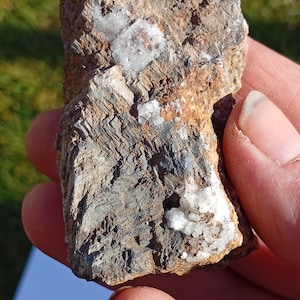 May include: A close-up of a rough, textured rock fragment. The rock is primarily brown and gray, with patches of white crystalline material. The surface has a layered appearance, with visible mineral formations.