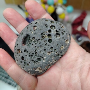 Peut inclure: Une roche volcanique poreuse gris foncé avec une texture de surface rugueuse et inégale. La pierre présente de nombreuses petites indentations et cavités circulaires sur tout son extérieur, affichant un aspect naturel et patiné.