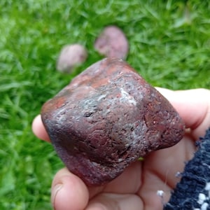 May include: A reddish-brown, cube-shaped stone with a textured surface. The stone is held in a hand, with green grass in the background. The stone has a mix of red, brown, and white hues.