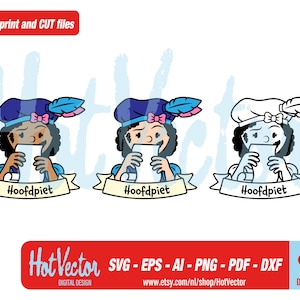 May include: Three digital illustrations of a cartoon character wearing a blue hat with a feather, a blue hat with a feather, and a white hat with a feather. The character is holding a piece of paper and has a surprised expression. The text "Hoofdpiet" is written on a banner below each illustration.