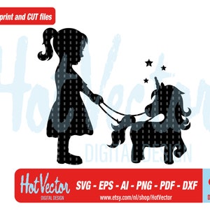meisje met eenhoorn silhouet clipart, gesneden afdrukbestand voor hobbyisten, gratis commercieel gebruik, instant download