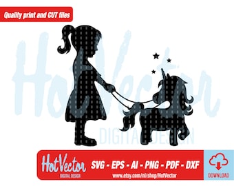 Girl with Unicorn Silhouette Clipart: SVG, PNG, PDF (Digital Download)