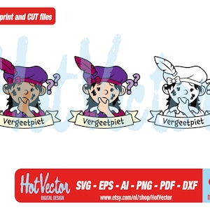 May include: Three digital illustrations of a cartoon character with a purple hat, a feather, and a ribbon. The character is thinking and has a question mark above their head. The text "Vergeetpiet" is on a banner below the character.