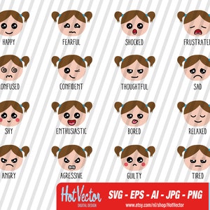Educatieve meisje emoticons digitale clipart, emoji afbeelding voor persoonlijk en commercieel gebruik, instant download, clip art-bestand voor crafters
