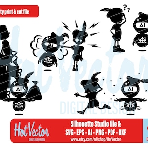 Op de afbeelding: Een verzameling digitale afbeeldingen in zwarte silhouetstijl met stripfiguren met gevederde hoeden, sommige gelabeld met de tekst AI en een geometrisch icoon. De set bevat diverse houdingen en wordt gepresenteerd als een print- en snijbestand.