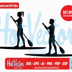 Puede incluir: Silueta de dos personas haciendo paddle surf de pie. La imagen es en blanco y negro y el fondo es azul claro con puntos blancos. El texto "SET OF 2 stand up paddling" está en rojo.