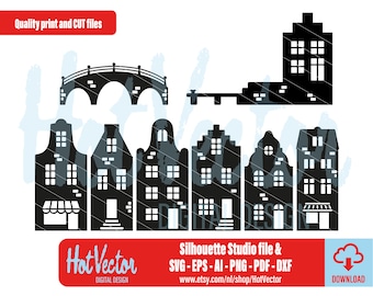 Dutch canal houses digital clipart, plotter and print files, personal and commercial use, instant download, clip art cut file for crafters