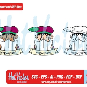 May include: A cartoon illustration of a jester holding a map with the text "Wegwijspiet" in a yellow banner. The jester is wearing a red and white hat with a feather. The illustration is available in three color variations: color, black and white, and outline.