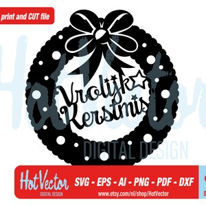 May include: Black and white digital design of a Christmas wreath with a bow and the text "Vrolijk Kerstmis" in a stylized font.