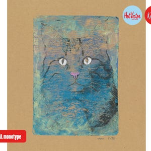 ORIGINAL one-of-a-kind Monotype Gelli Print, cat on craft carton. Title: Crafty Cat