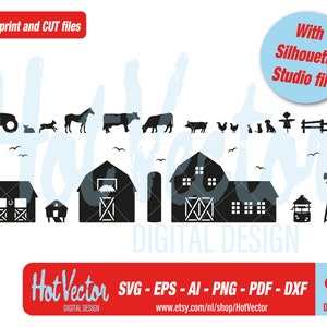 Peut inclure: Design de silhouette noir et blanc d'une scène de ferme avec un tracteur, des animaux, des granges, un moulin à vent et une clôture. Le texte "Quality print and CUT files" et "With Silhouette Studio file" sont en haut de l'image. Le texte "Hot Vector SVG - EPS - AI - PNG - PDF - DXF" est en bas de l'image.