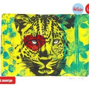 ORIGINAL Monotype Gelli Print, jaguar, léopard, titre : Heart of the Wild