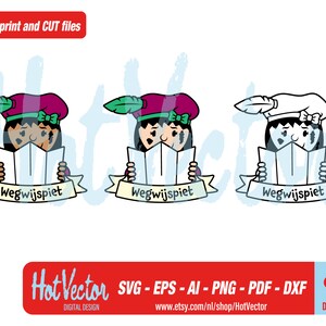 May include: Three digital illustrations of a cartoon character wearing a hat and reading a map. The character is wearing a red, green, or white hat. The text "Wegwijspiet" is on a banner below each character.
