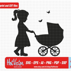 meisje met kinderwagen silhouet clipart, gesneden afdrukbestand voor hobbyisten, gratis commercieel gebruik, instant download