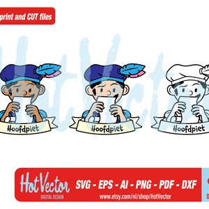 May include: Three cartoon illustrations of a person wearing a blue hat and holding a piece of paper. The first illustration is in colour, the second is in black and white, and the third is a line drawing. The text "Hoofdpiet" appears on a banner below each illustration.