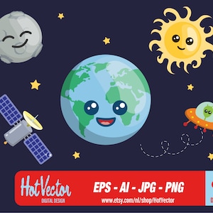 Earth moon sun clipart - DIGITAL DOWNLOAD - ai, eps, png, jpg - free commercial use