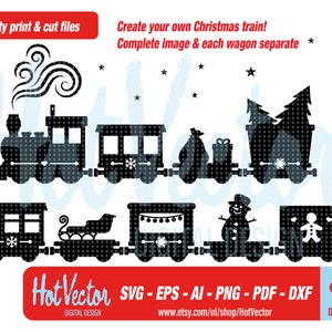 Kerst trein digitale clipart, plotter gesneden bestand, afdrukkwaliteit, svg, dxf, png, eps, ai, gratis commercieel gebruik, instant download