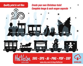 Christmas train digital clipart, plotter cut file, quality print, svg, dxf, png, eps, ai, free commercial use, instant download