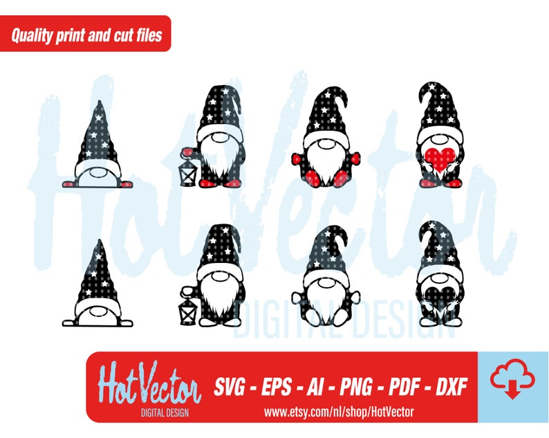 Puede incluir: Conjunto de ocho ilustraciones de gnomos en blanco y negro con acentos rojos. Los gnomos llevan sombreros con un patr&oacute;n de estrellas y sostienen una linterna, un coraz&oacute;n o un regalo. Los gnomos est&aacute;n en varias poses. SVG - EPS - AI - PNG - PDF - DXF