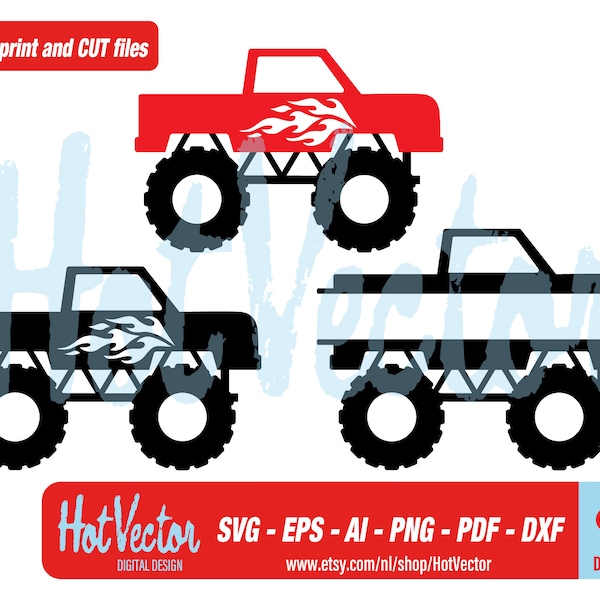 monster truck digital clipart, plotter and print file for crafters, svg, png, dxf, pdf and ai, eps vector images, free commercial use