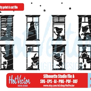 May include: A digital design showing eight window silhouettes with different figures inside, such as a person with a staff and a person with a gift. The design includes the text "Quality print & cut file" and "Hot Vector DIGITAL DESIGN".