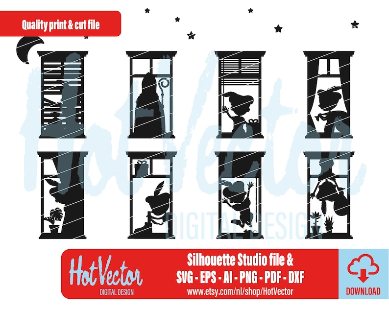 May include: A digital design featuring eight window silhouettes with various figures inside, including a person with a staff, a person with a gift, and a person jumping. The design includes the text "Quality print & cut file" and "Hot Vector DIGITAL DESIGN".