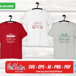 Puede incluir: Tres dise&ntilde;os diferentes de camisetas con texto navide&ntilde;o en alem&aacute;n. La primera camiseta es roja con texto blanco que dice "Handwerkliche Lebkuchen Back Team". La segunda camiseta es blanca con texto rojo que dice "Frohe Weihnachten". La tercera camiseta es gris con texto verde que dice "Ich w&uuml;nsche dir frohe Weihnachten".