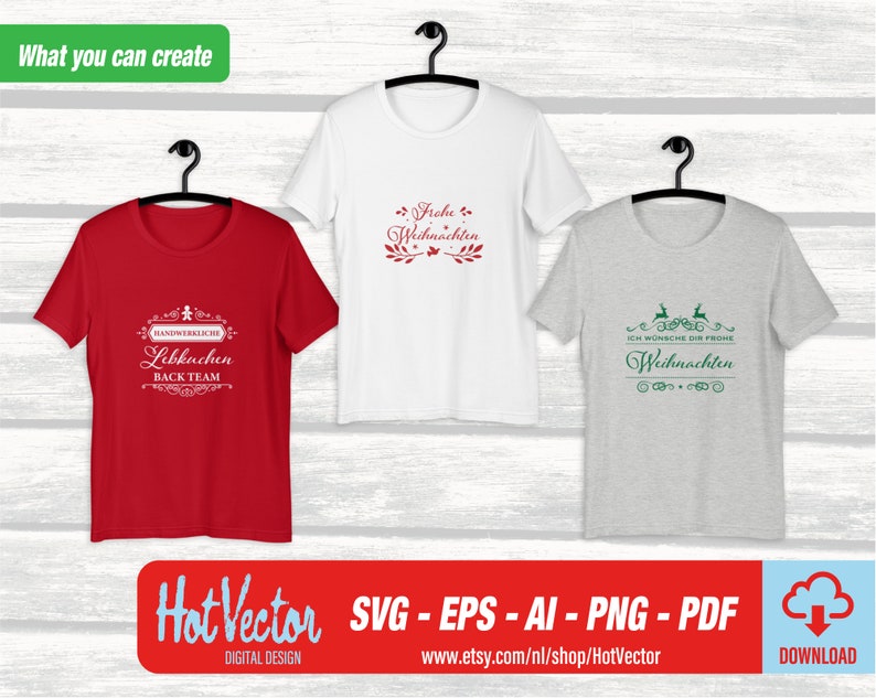 Puede incluir: Tres dise&ntilde;os diferentes de camisetas con texto navide&ntilde;o en alem&aacute;n. La primera camiseta es roja con texto blanco que dice "Handwerkliche Lebkuchen Back Team". La segunda camiseta es blanca con texto rojo que dice "Frohe Weihnachten". La tercera camiseta es gris con texto verde que dice "Ich w&uuml;nsche dir frohe Weihnachten".