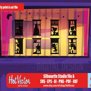 May include: A digital design featuring a window with eight silhouette figures in the windows. The window is set against a purple and yellow background with a crescent moon and stars. The design includes the text "Quality print & cut file" and "Hot Vector DIGITAL DESIGN".