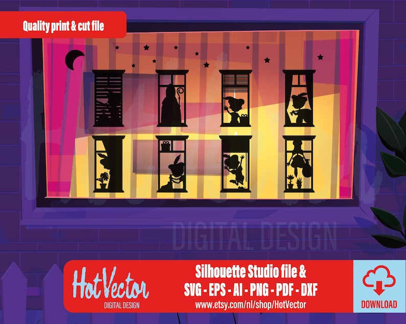 May include: A digital design featuring a window with eight silhouette figures in the windows. The window is set against a purple and yellow background with a crescent moon and stars. The design includes the text "Quality print & cut file" and "Hot Vector DIGITAL DESIGN".