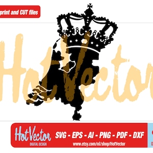 May include: Black silhouette of the Netherlands with a crown on top. The word "HotVector" is written in a yellow, textured font.