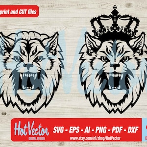 Puede incluir: Un diseño digital en blanco y negro con dos cabezas de lobo de aspecto feroz. Un lobo lleva una corona. El diseño es perfecto para proyectos de manualidades, como calcomanías de vinilo, camisetas y tazas.