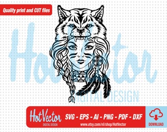 Native American Woman Clipart: Wolf Headdress, SVG, PNG, PDF (Digital Download)