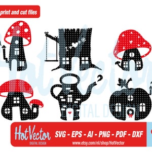 Puede incluir: Conjunto de cinco ilustraciones en silueta en blanco y negro de casas con techos de setas rojas. Las casas tienen forma de tetera, &aacute;rbol, calabaza y dos setas. Las ilustraciones son perfectas para proyectos de manualidades, scrapbooking y dise&ntilde;o digital.