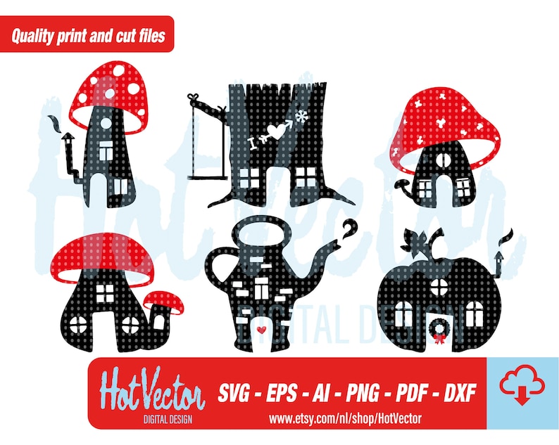Puede incluir: Conjunto de cinco ilustraciones en silueta en blanco y negro de casas con techos de setas rojas. Las casas tienen forma de tetera, &aacute;rbol, calabaza y dos setas. Las ilustraciones son perfectas para proyectos de manualidades, scrapbooking y dise&ntilde;o digital.