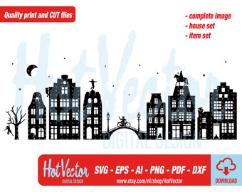 May include: Black and white silhouette of a city skyline with houses, a bridge, and people. The image includes the text "Quality print and CUT files" and "Hot Vector DIGITAL DESIGN".