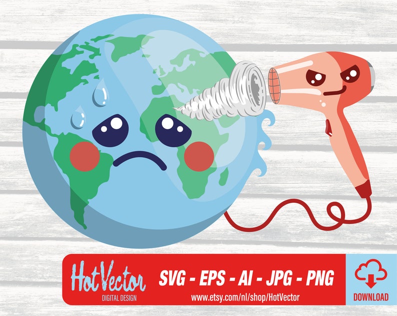 May include: A cartoon illustration of the Earth with a sad face and sweat drops, being blown on by a red hairdryer with an angry face. The text "Hot Vector" is at the bottom of the image.