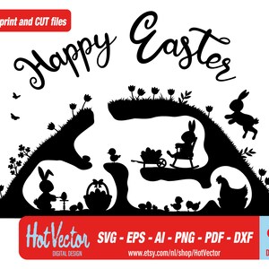 May include: Black and white silhouette design of a happy Easter scene with bunnies, a chick, and eggs in a grassy hill with the text "Happy Easter".