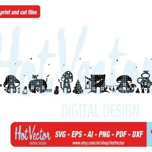 Puede incluir: Dise&ntilde;o digital en blanco y negro con una fila de casas de setas caprichosas, una casa de calabaza, un mu&ntilde;eco de nieve, un &aacute;rbol de Navidad y un gnomo. El texto "Hot Vector" y "Digital Design" tambi&eacute;n se incluye en la imagen.