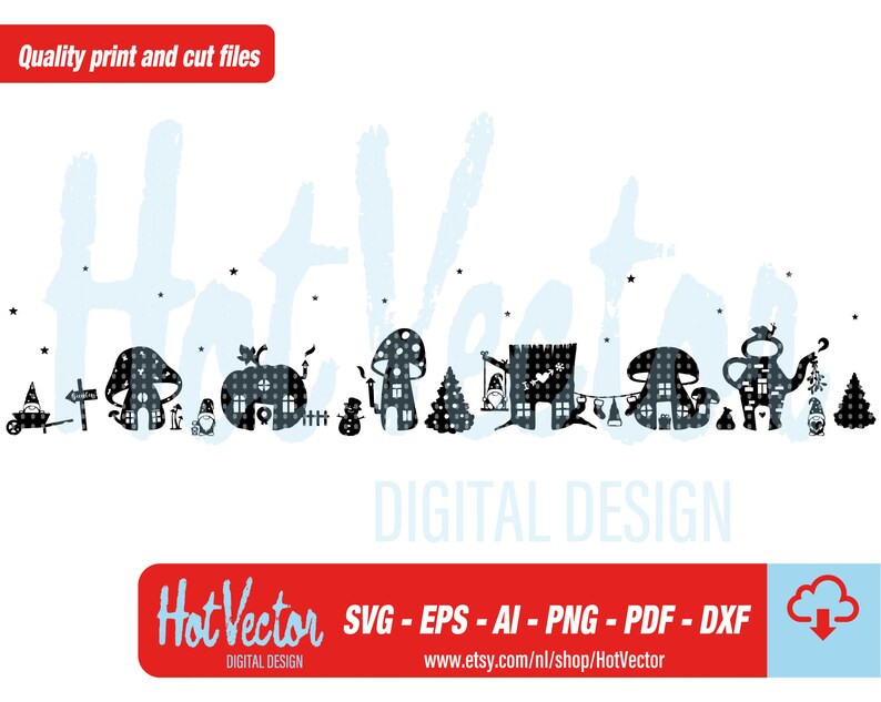 Puede incluir: Dise&ntilde;o digital en blanco y negro con una fila de casas de setas caprichosas, una casa de calabaza, un mu&ntilde;eco de nieve, un &aacute;rbol de Navidad y un gnomo. El texto "Hot Vector" y "Digital Design" tambi&eacute;n se incluye en la imagen.