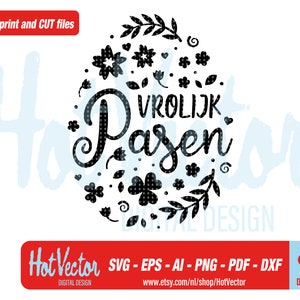 Op de afbeelding: Zwart-wit digitaal ontwerp met een cirkel met de tekst "VROLIJK PASEN" omringd door bloemen en bladeren.