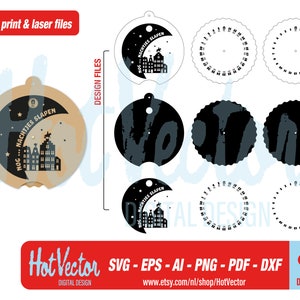 May include: A black and white printable design for a circular countdown clock with the text "Nog... Nachtjes Slapen" (Dutch for "Still... Nights Sleeping") and a silhouette of a building with a crescent moon and stars.
